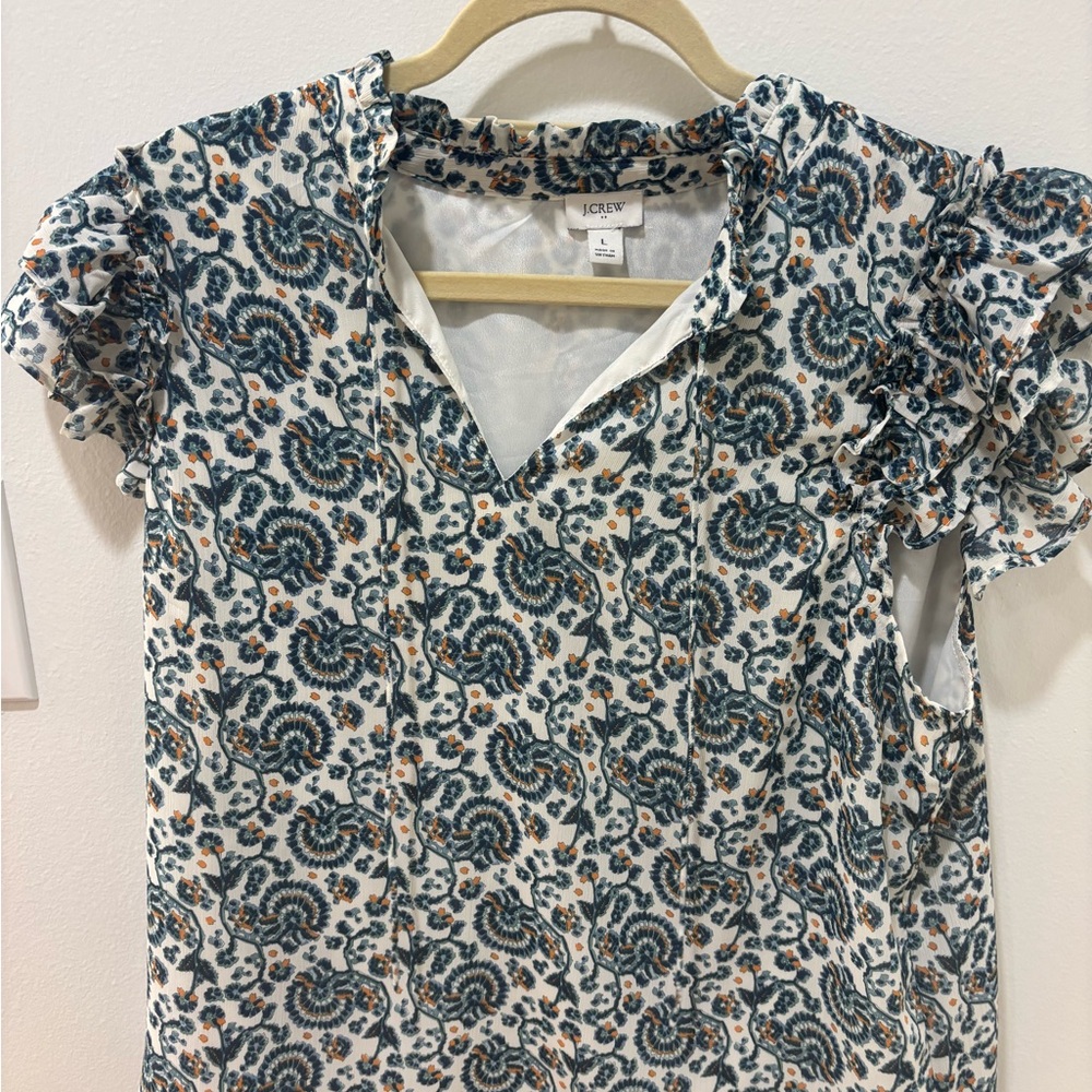 J. Crew Blue and White Ruffled Cap Sleeve Blouse